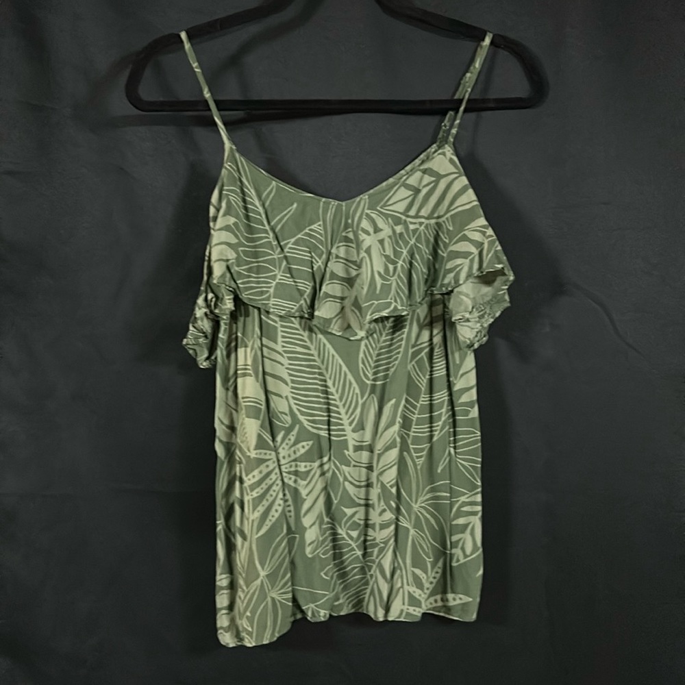 Women’s Old Navy Tropical Leaf Printed Ruffle Neckline Green Tank Top